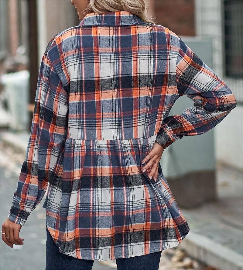 Rosa Clothing - Wholesale Button Down Shirt - Women's - Pocket long-sleeve plaid shirt jacket8