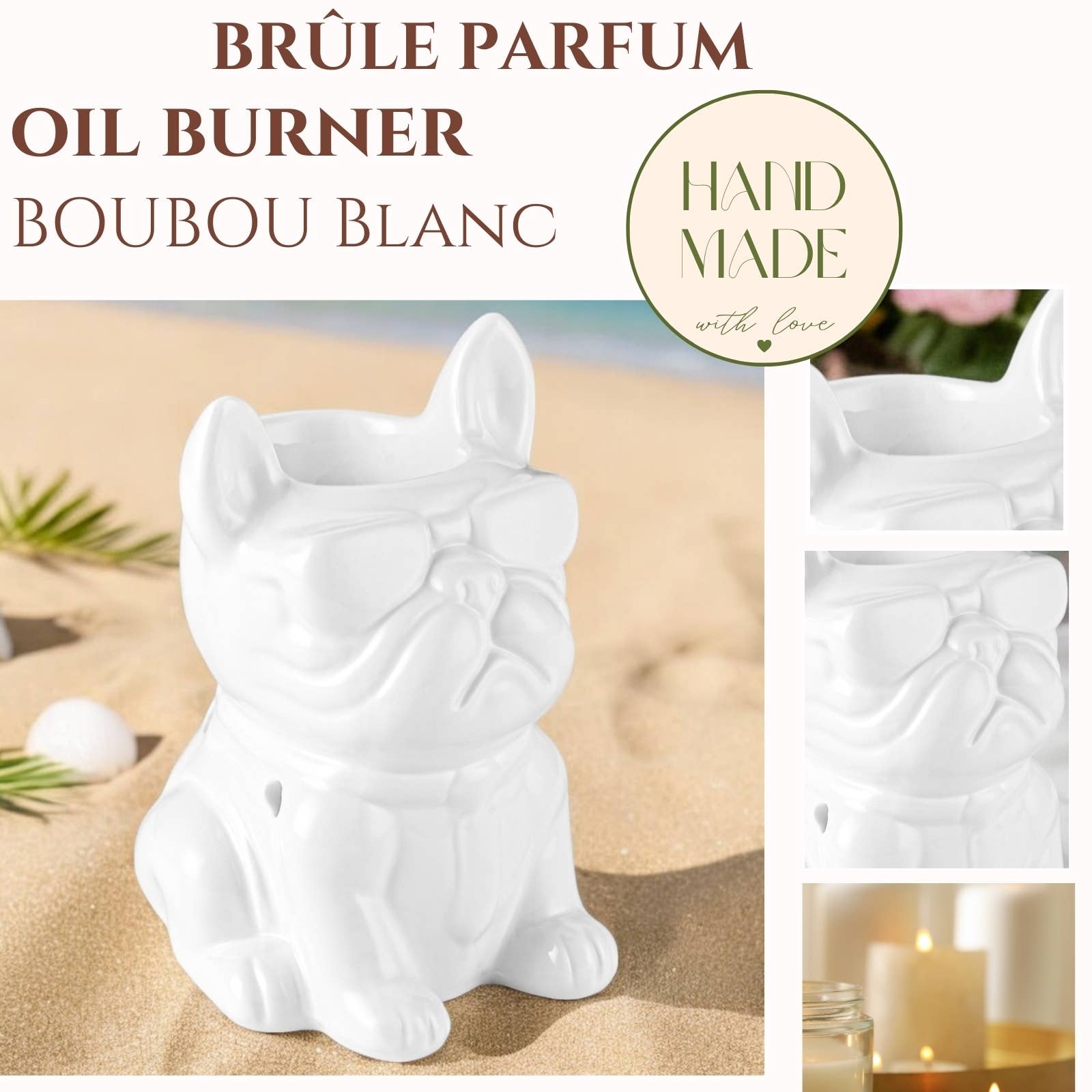 Zen'Arôme - Wholesale Tapered Candle/Candlestick - White Boubou French Bulldog Ceramic Incense Burner1