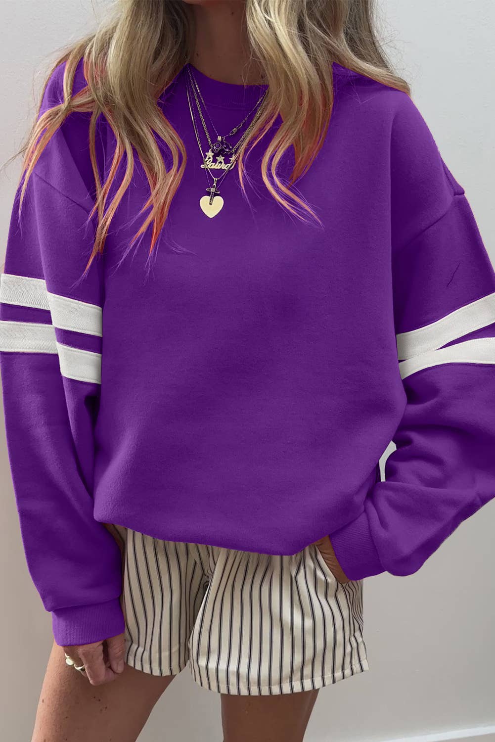 Little Daisy Closet - Wholesale Sweatshirt - Women's -  LDC Varsity Striped Detail Drop Shoulder Sweatshirt3