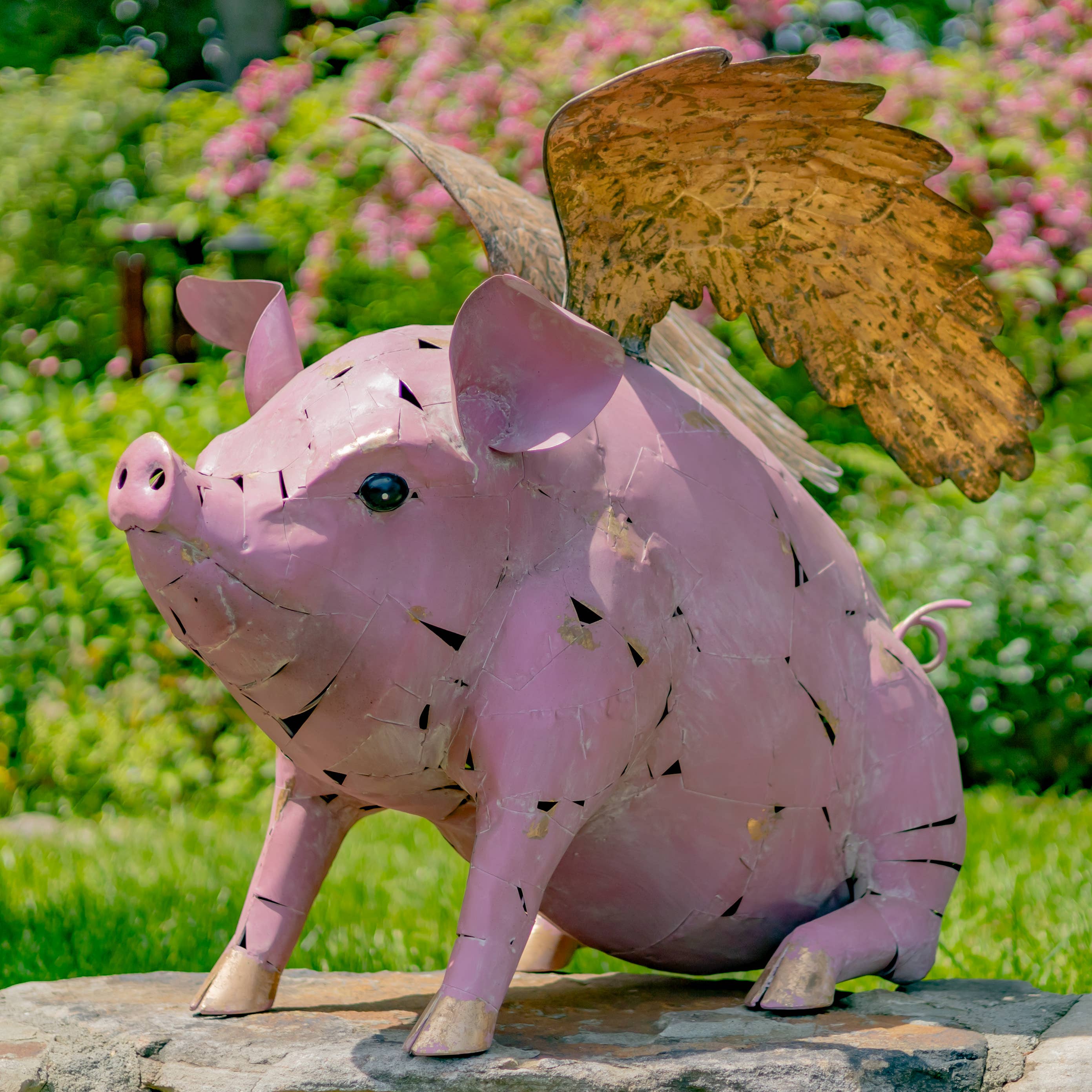 Zaer Ltd. International - Wholesale Outdoor Ornament/Decor - 30.5" Tall Flying Pink Iron Pig Statue with Golden Wings1