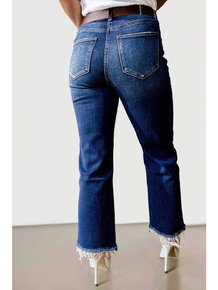As shown Dark Wash Raw Hem High Waist Jeans | 6-16 for wholesale on Faire