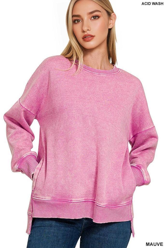 42POPS – Sweatshirt - Mulher por atacado – Pulôver de Fleece com Lavagem Ácida e Bainha Assimétrica com Bolsos SI-249800