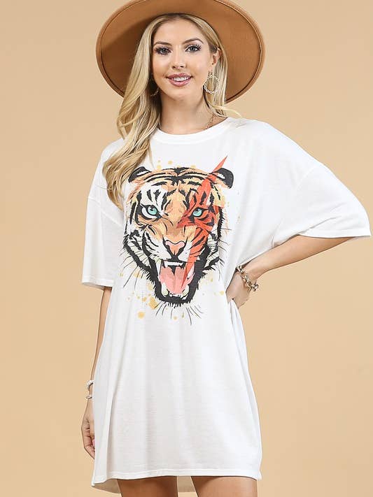AV1202-ADDISON TIGER FACE GRAPHIC SHIRT DRESS for wholesale by Avery