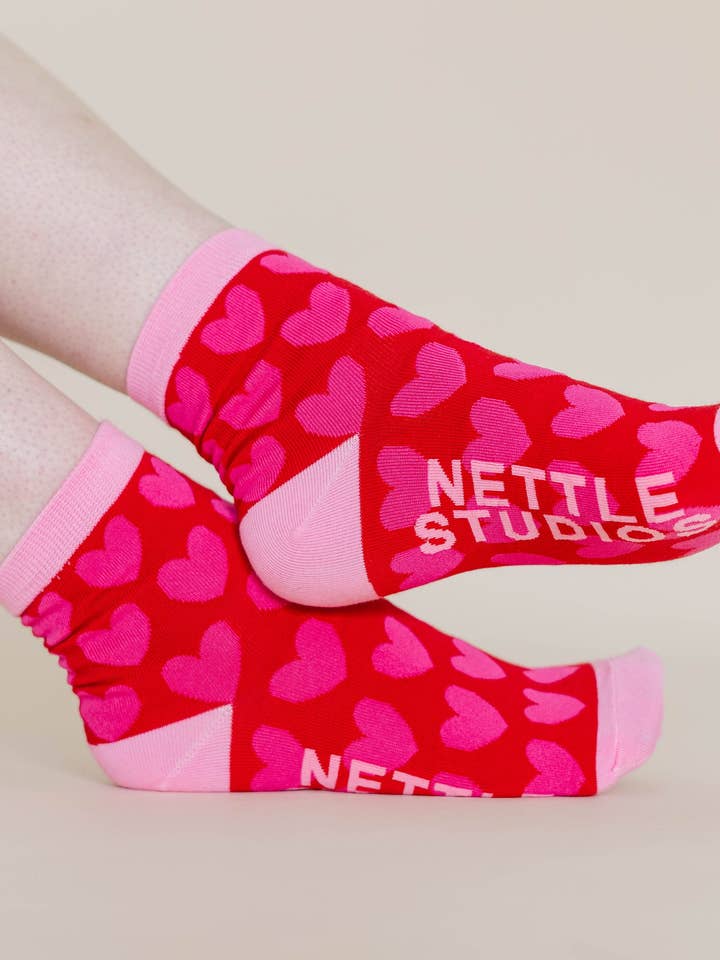 Women’s Valentine Novelty Cotton Pink Red Heart Ankle Sock for wholesale by Nettle Studios