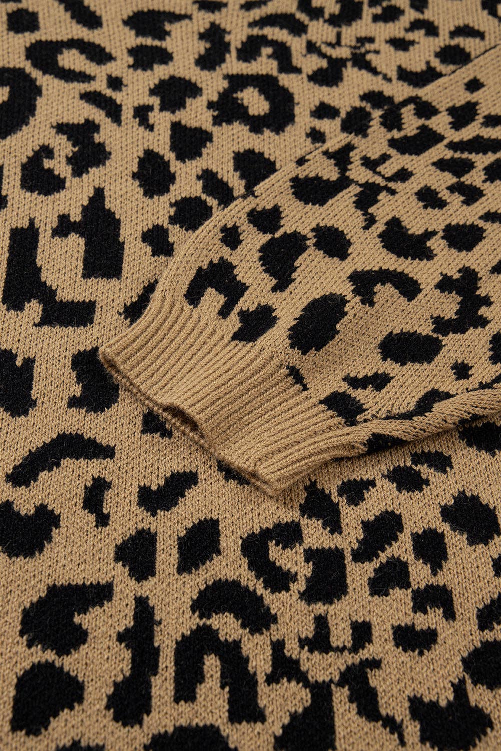 Light French Beige Leopard Ribbed Trim Crewneck Drop Shoulder Sweater for wholesale on Faire4
