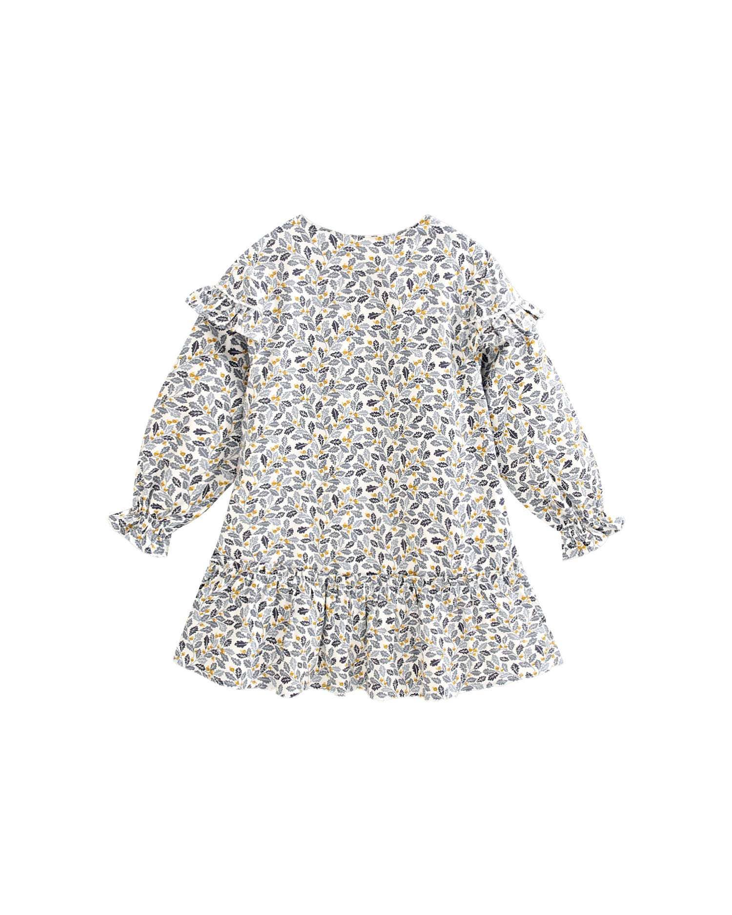 Dadati - Wholesale Dress - Kids - Girl's dress with blue and mustard leaf print0