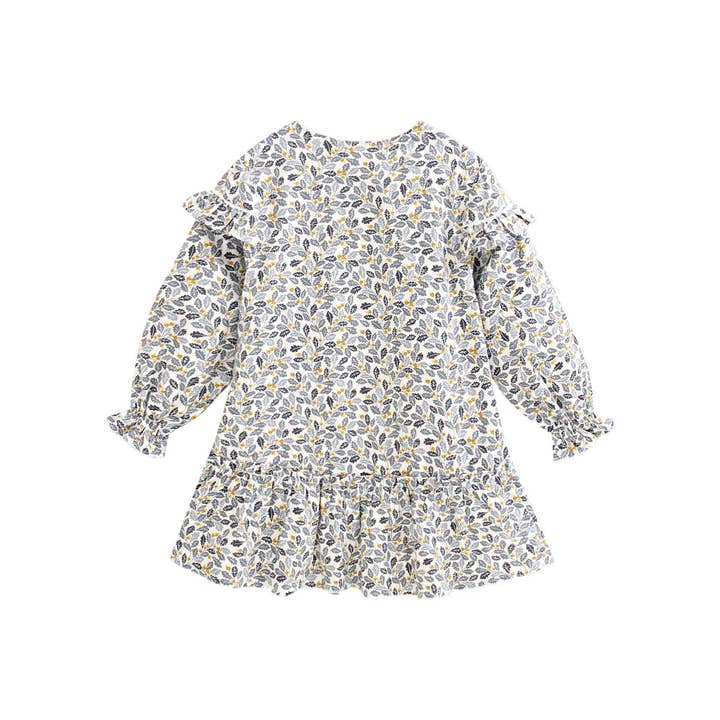 Dadati - Wholesale Dress - Kids - Girl's dress with blue and mustard leaf print