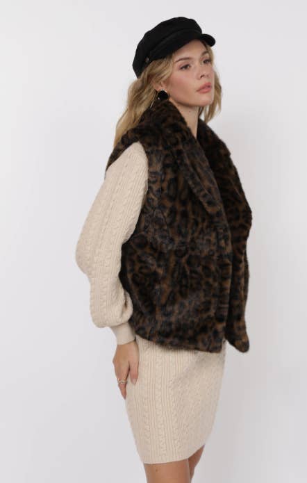Sage The Label - Vente Pull sans manches – femme - Gilet surdimensionné en fausse fourrure léopard Waverly : MARRON NOIR5