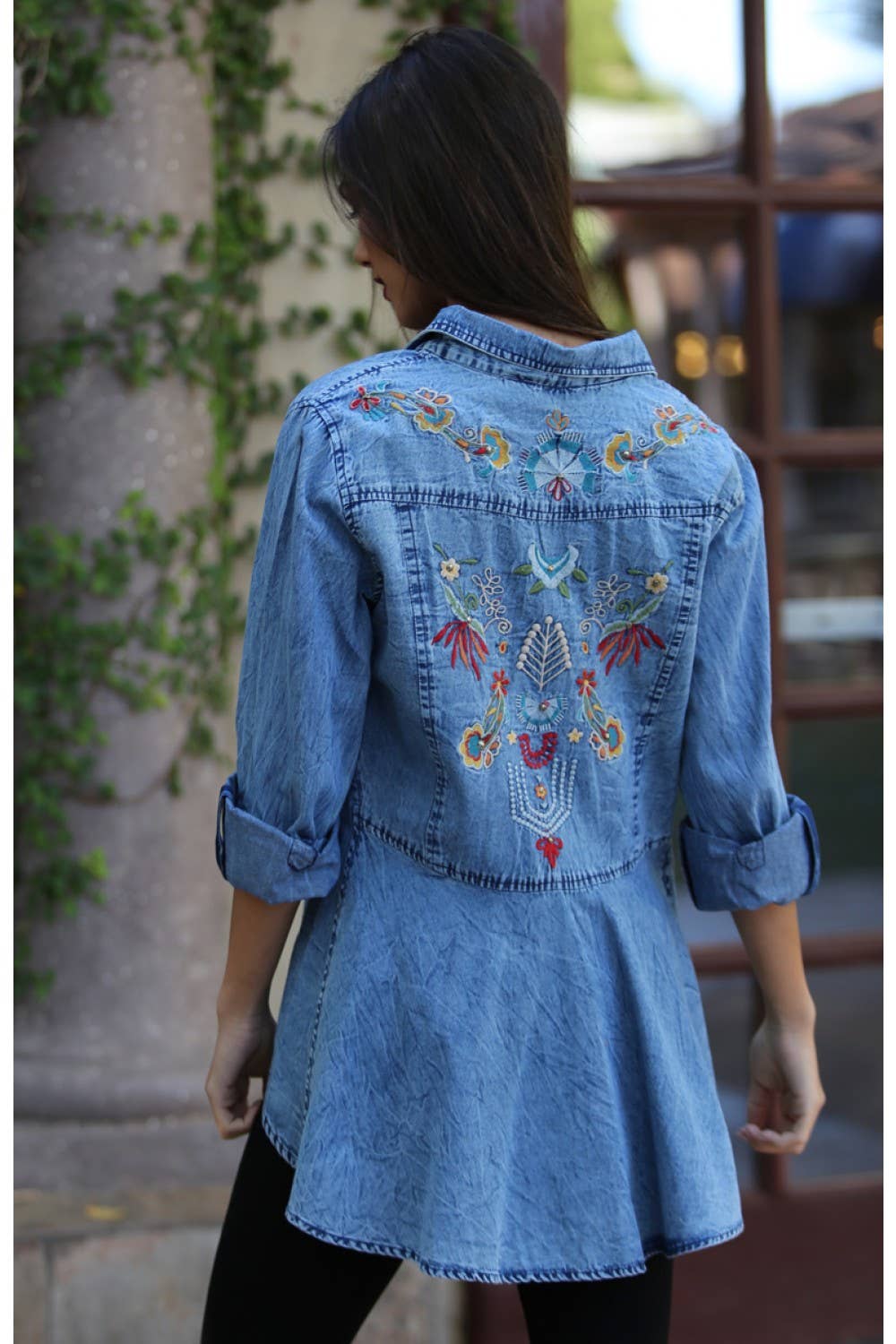 Nostalgia - Wholesale Button Down Shirt - Women's - N2N75-EMB DENIM BUTTON UP SHIRT WITH EMBROIDERED BACK DETAIL3