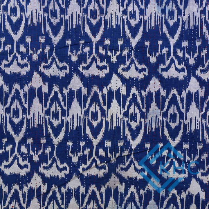 KHC - Vendita all'ingrosso Trapunte - Trapunta in cotone fatta a mano blu con stampa Ikat per letto.3
