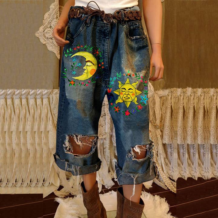 Tourtiwi - Wholesale Jeans - Women's - Women's sun face moon print ripped loose jeans3