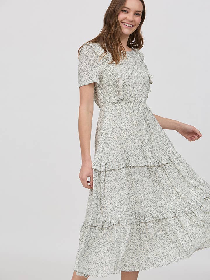 Ruffles Layers Floral Printed Midi Dress for wholesale by Orange Creek