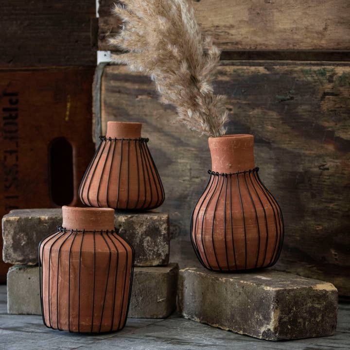 Set 3 Natural Terracotta and Wire Decorative Bud Vases for wholesale by Foreside Home & Garden