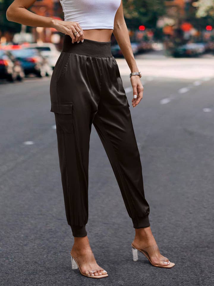eLook - Wholesale Lounge Sweatpants/Joggers - Women's - SZ1-P0012 Satin Cargo Jogger with Ribbed Waist16