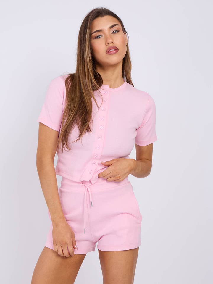 AX Labels - Wholesale Lounge Set - Women's - Ribbed Button Through Short Sleeve Top and Shorts Co-ord32