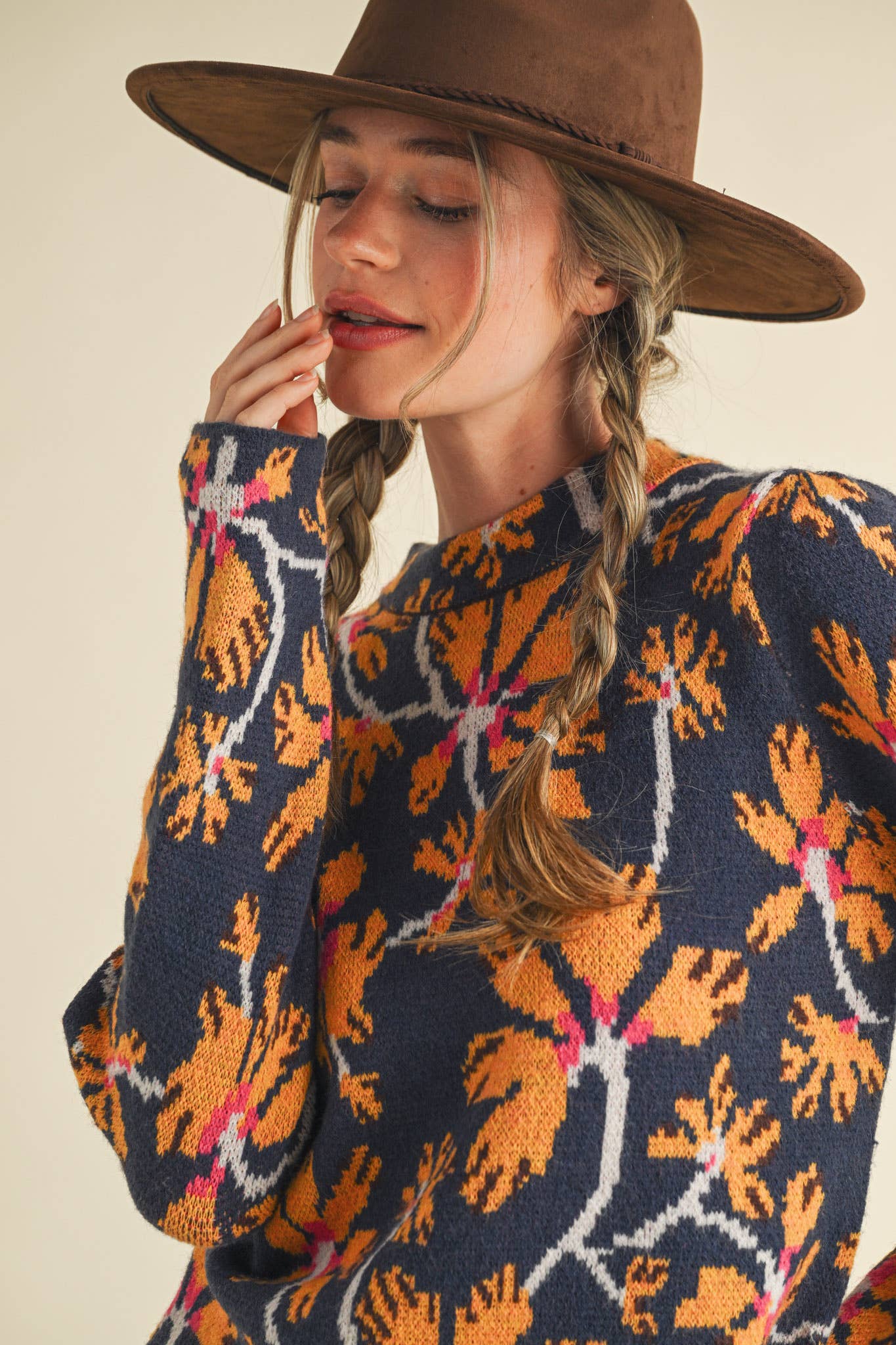 &MERCI - Wholesale Knit Sweater - Women's - FLORAL MOCK NECK SWEATER MSW1110126