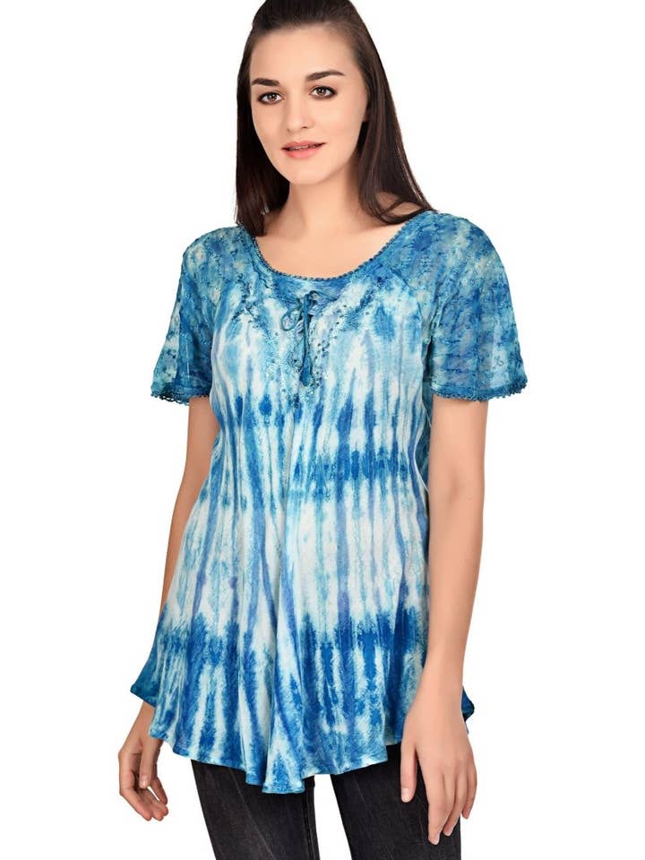 Waterfall Tie Dye Cap Sleeve Blouse 19214 for wholesale by Advance Apparels