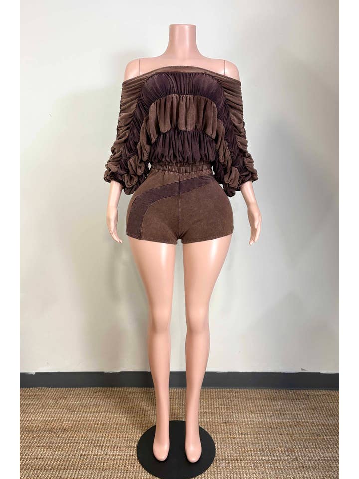 Dalia Studio - Wholesale Romper - Women's - MINERAL WASH RUCHED OFF SHOULDER ROMPER6