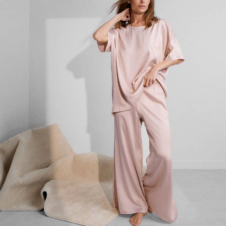 Delicate Pink Washable Silk Tee Pant Set for wholesale on Faire1