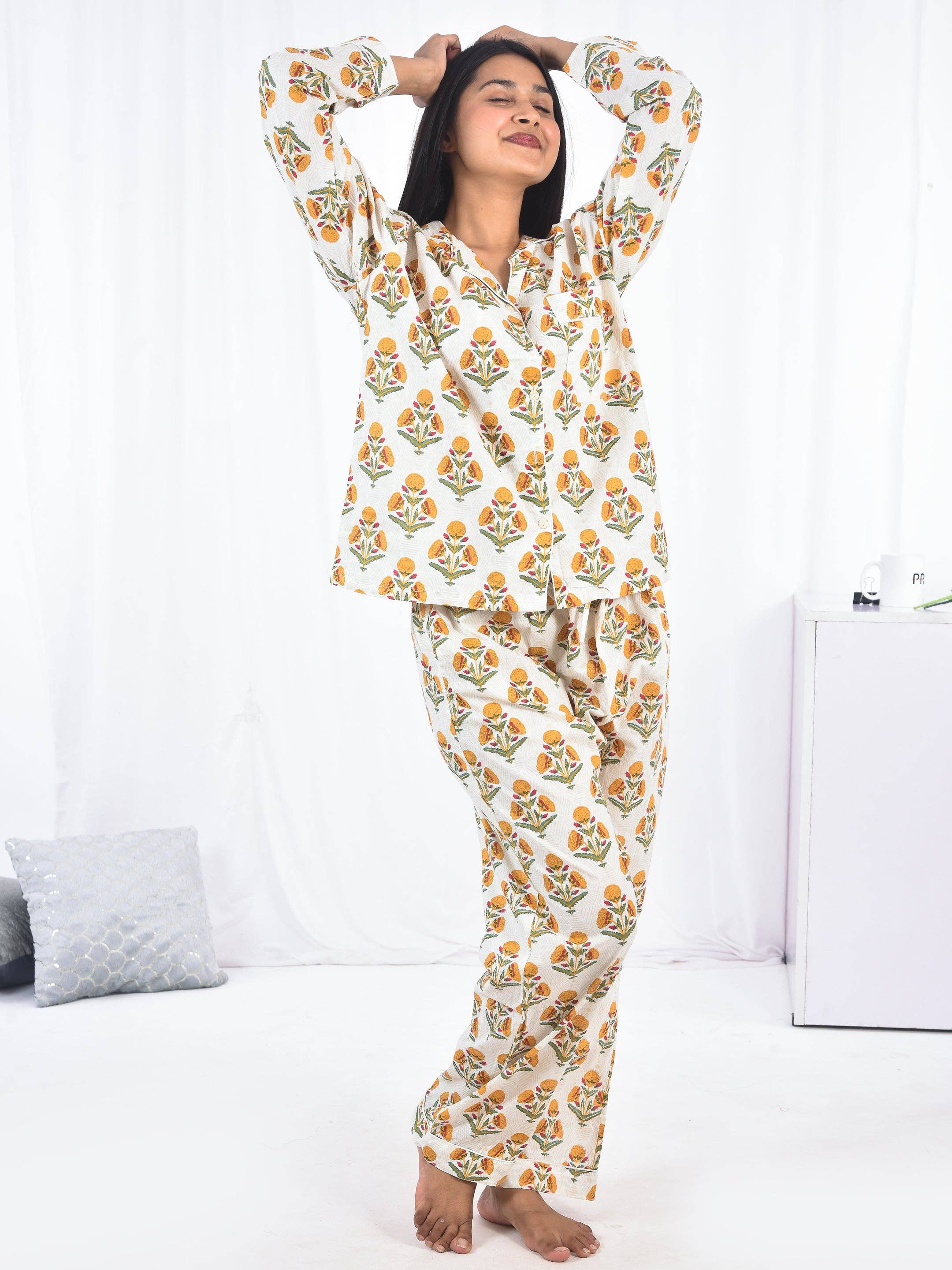 AMRANIS - Wholesale Sleepwear Set - Women's - Yellow Block Printed Long PJ Set1