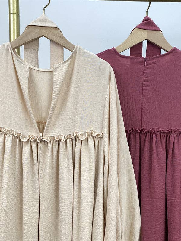 StyleGalX - Wholesale Jurk - Dames - Elasticiteit met lange mouwen en bisschopmouwen, geplooide, effen kleur, gespleten taille, ronde hals, maxi-jurken14