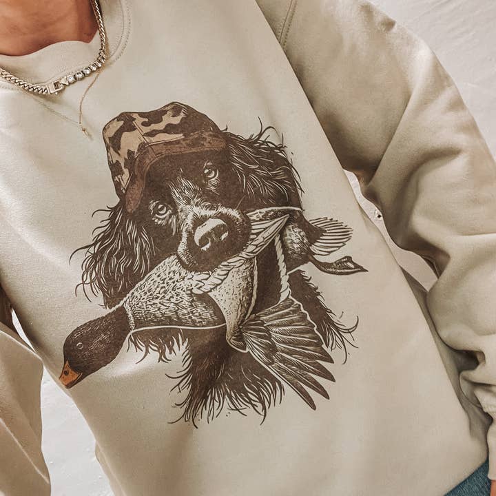 Spaniel Duck Mallard Duck Crew Neck Sweatshirt Hunting for wholesale by Amy Anne Apparel Inc