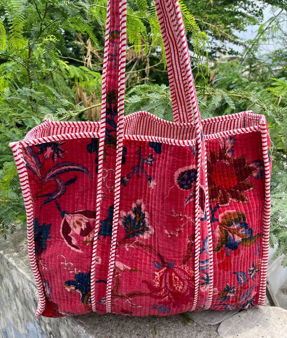 bhavnas boutique - Wholesale Tote bag – Women's - Antique Velvet Cotton Bag Quilted Floral Printed Women Bags1
