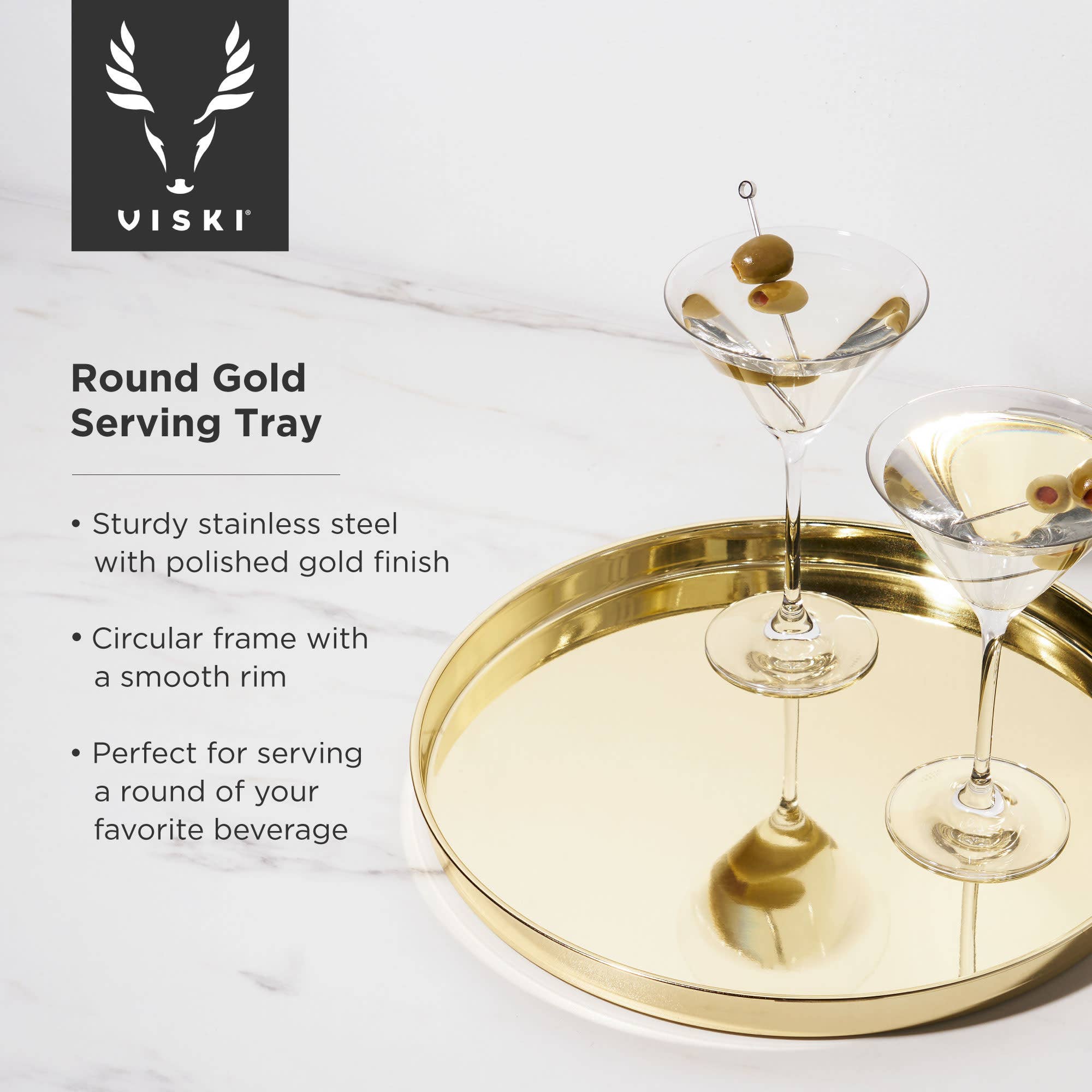 Viski - Wholesale Serving Tray - Belmont™ Polished Gold Plated Round Serving Tray4