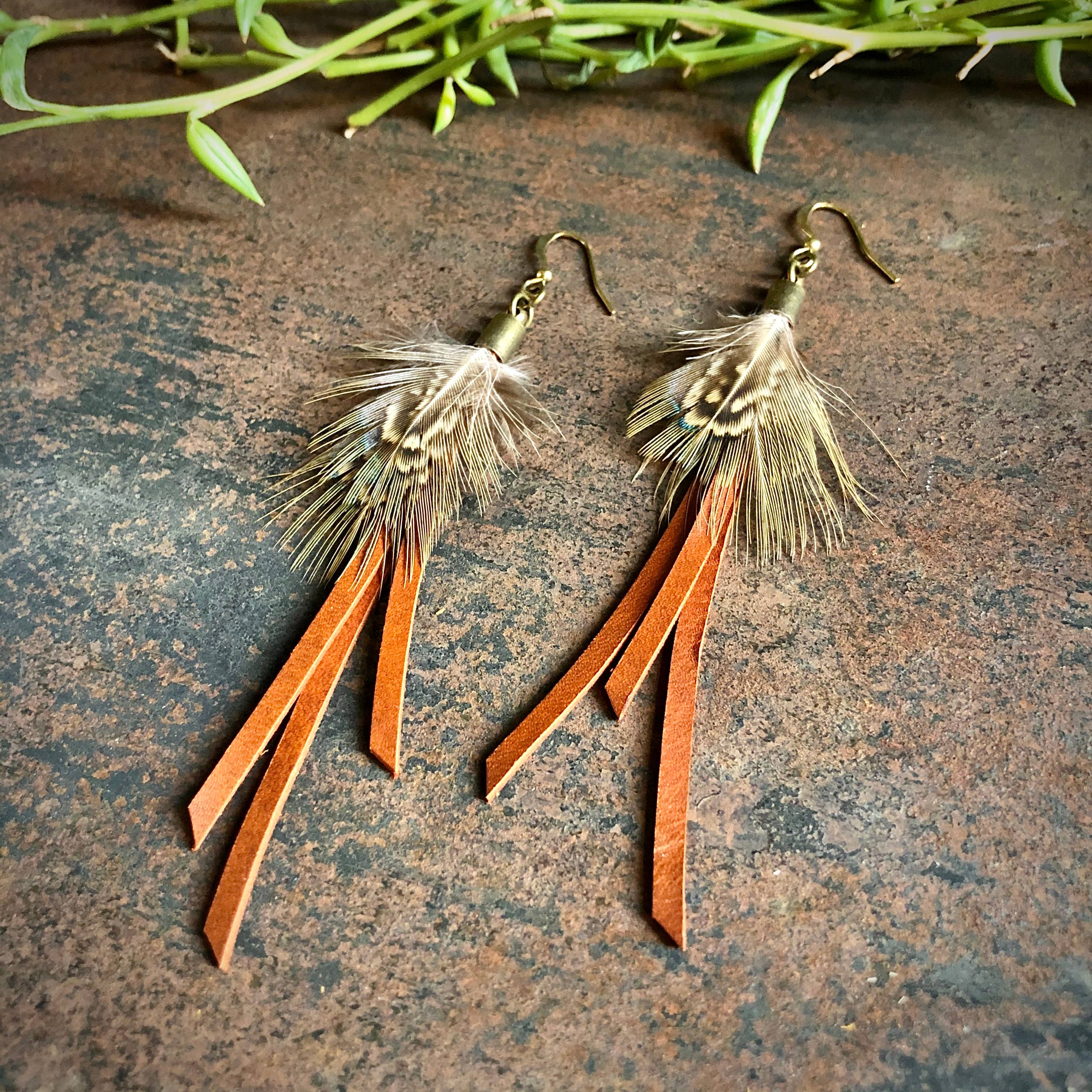 ASTALI – wholesale Tassel earrings – Feather Mini Earrings - Rust Leather & Pheasant Feathers5