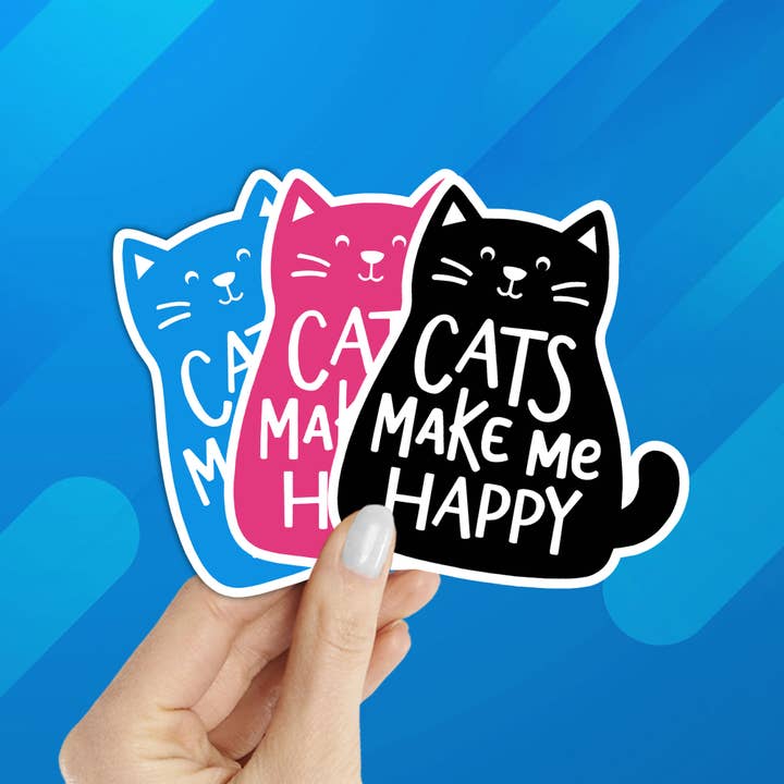 Cats Make Me Happy Laptop Sticker (Black, Pink, or Blue) for wholesale by Coastal Creators of Connecticut