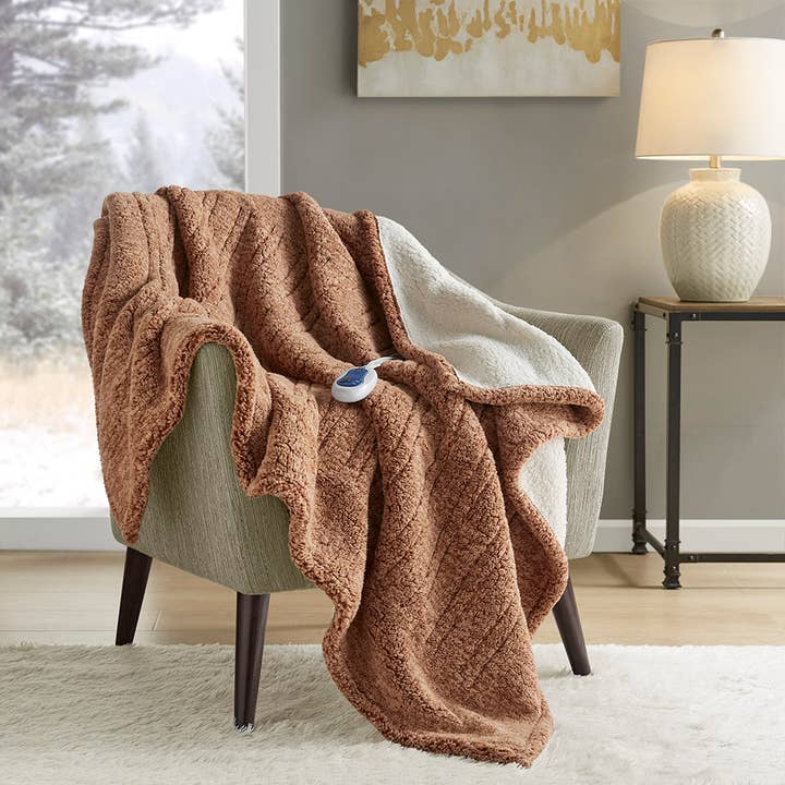 Marbled Sherpa Heated Throw, Brown for wholesale by Olliix