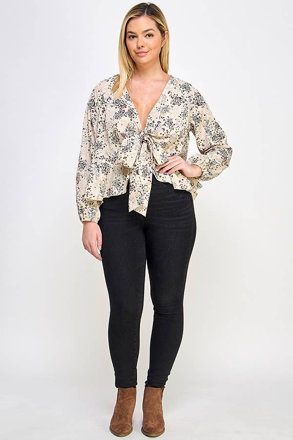 Haute Fox Plus Size & Contemporary - Wholesale Blouse - Dames - Top met strik aan de voorkant en bloemenprint in grote maten JK18498-T2