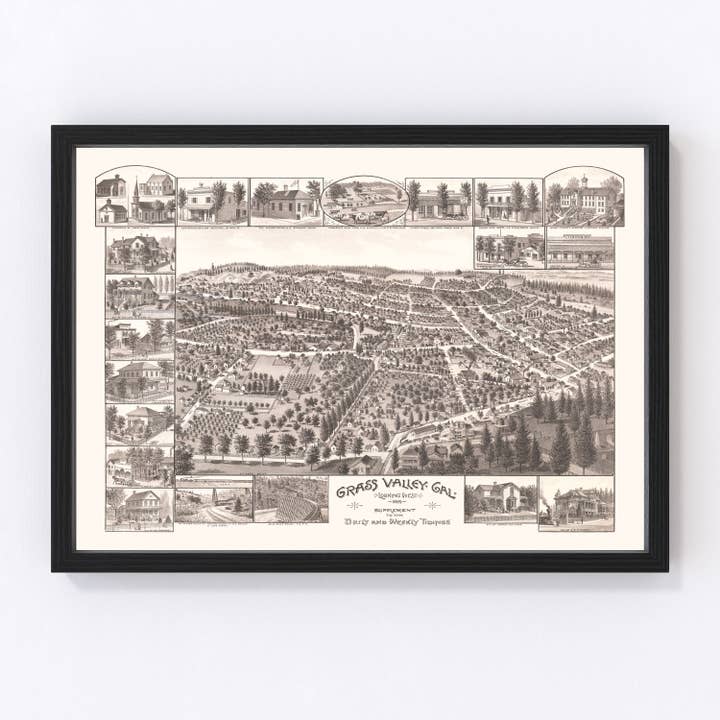 Vintage Map of Grass Valley, California 1889 for wholesale by Ted's Vintage Art