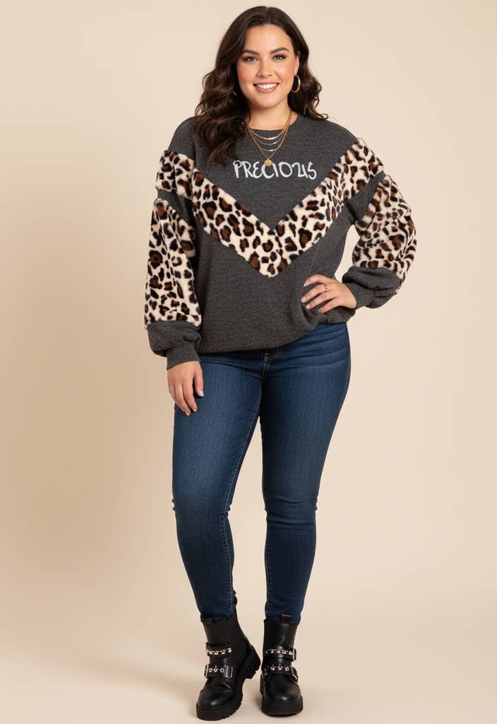 Pomme Rouge Paris - Wholesale Tunic Sweater - Women's - Plus size sweater with leopard print (C6322)0