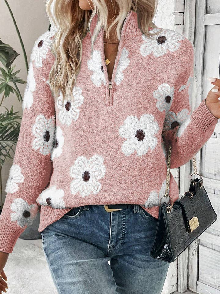 Lovesoft – Großhandel Strickpullover – Damen – Damen-Pullover mit Blumenmuster und halbem Reißverschluss12