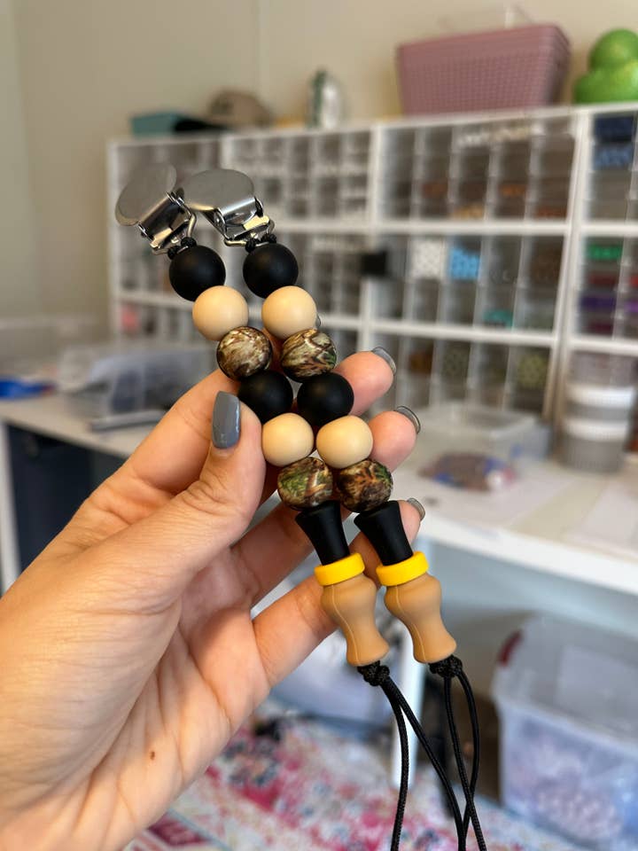 WS Black Duck Call Pacifier Clip for wholesale by Ridge & Co Teething Shop LLC