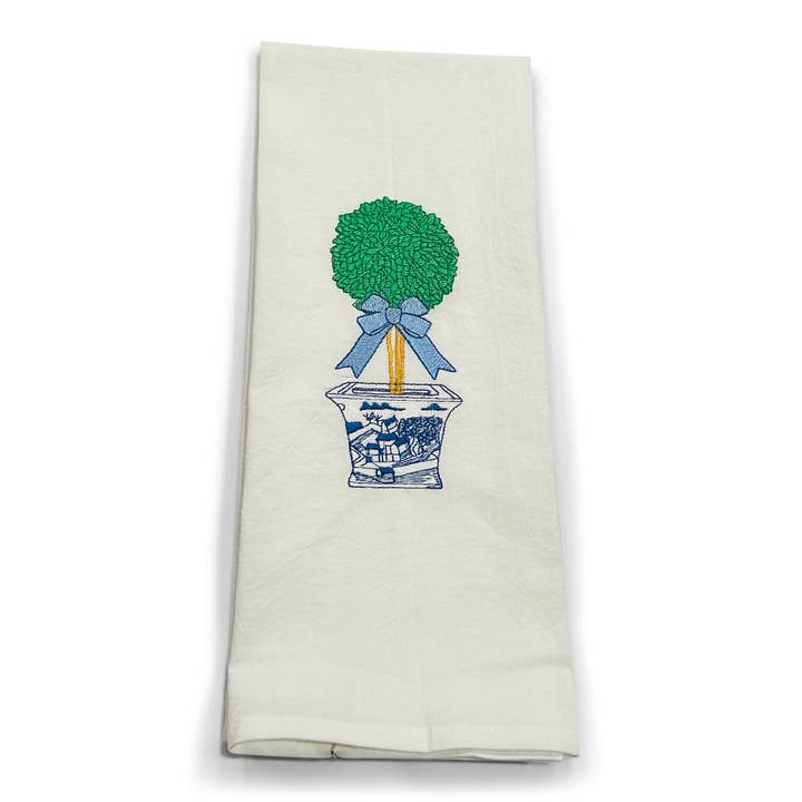 Towel - Topiary with Blue Bow on White for wholesale by Vibrantly Blue