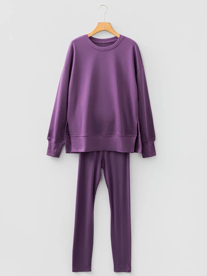 FULL TIME PURCHASE - Wholesale Lounge Set - Women's - Solid Color Oversize Slit Sweatshirt Ribbed Leggings 2pcsSet6