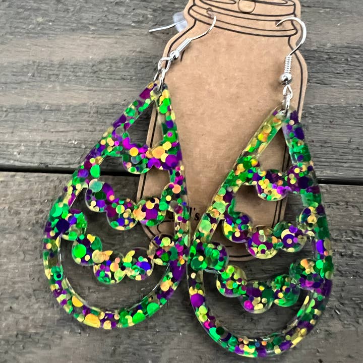 Mardi Gras Glitter Acrylic Earrings for wholesale by Jill's Jewels