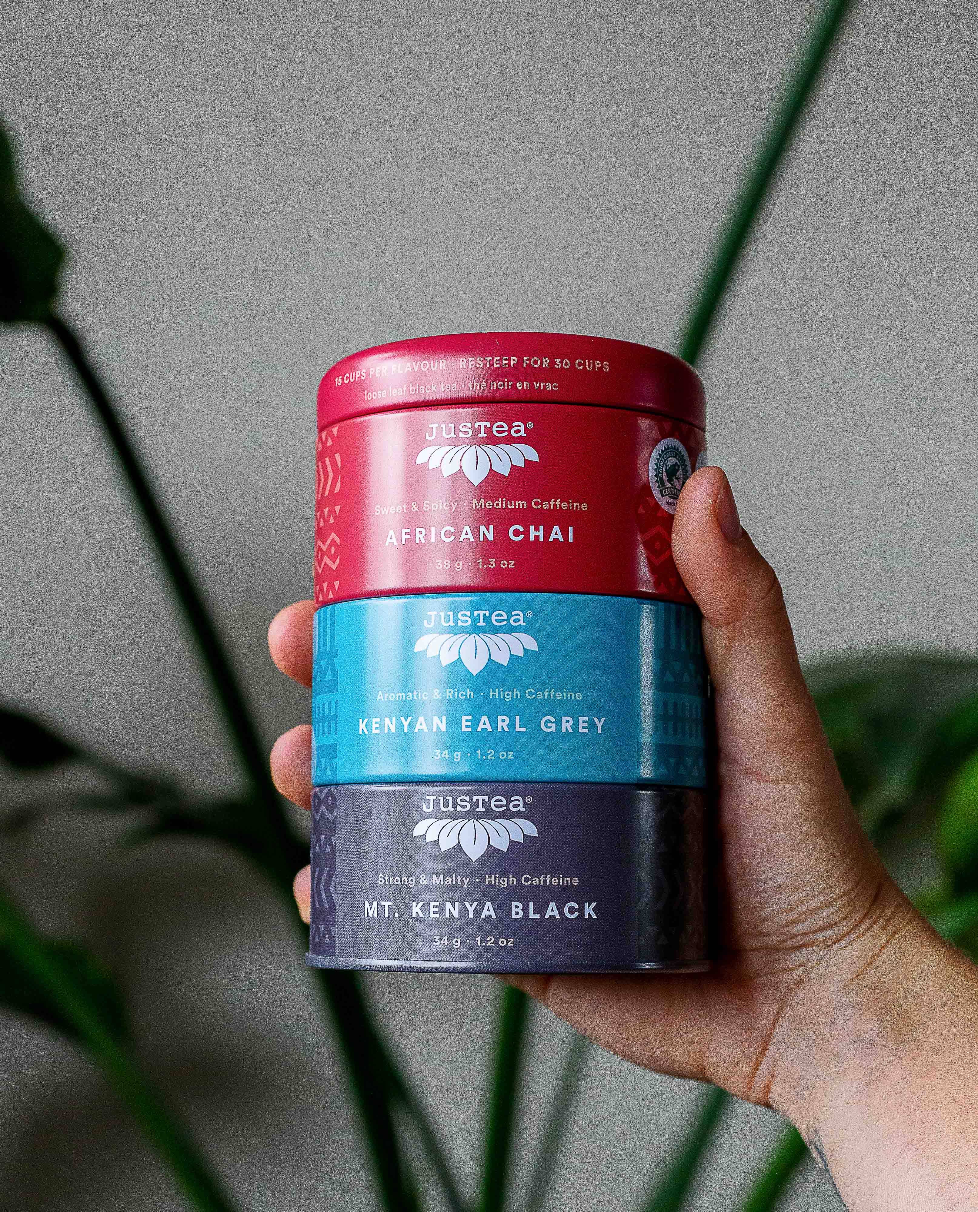 JusTea – wholesale Tepåsar – Trio med Svart Te i Burk och Sked – Ekologiskt och Fair Trade4