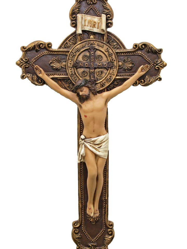 St. Benedict Crucifix in Color 11" for wholesale by Goldscheider of Vienna