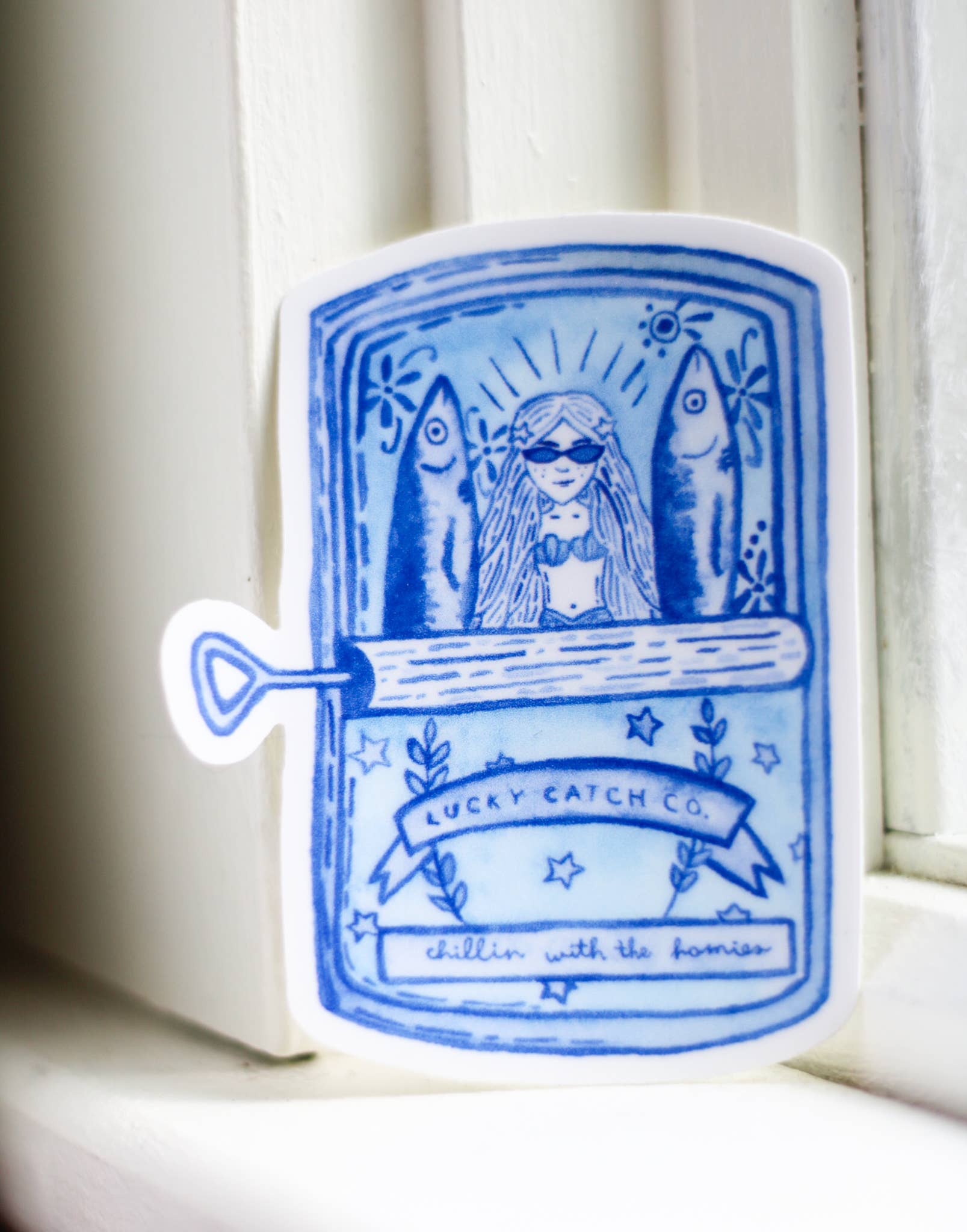 Mermaid & Sardine Besties | Blue Watercolor Sticker for wholesale by Scribbles and Doodlez