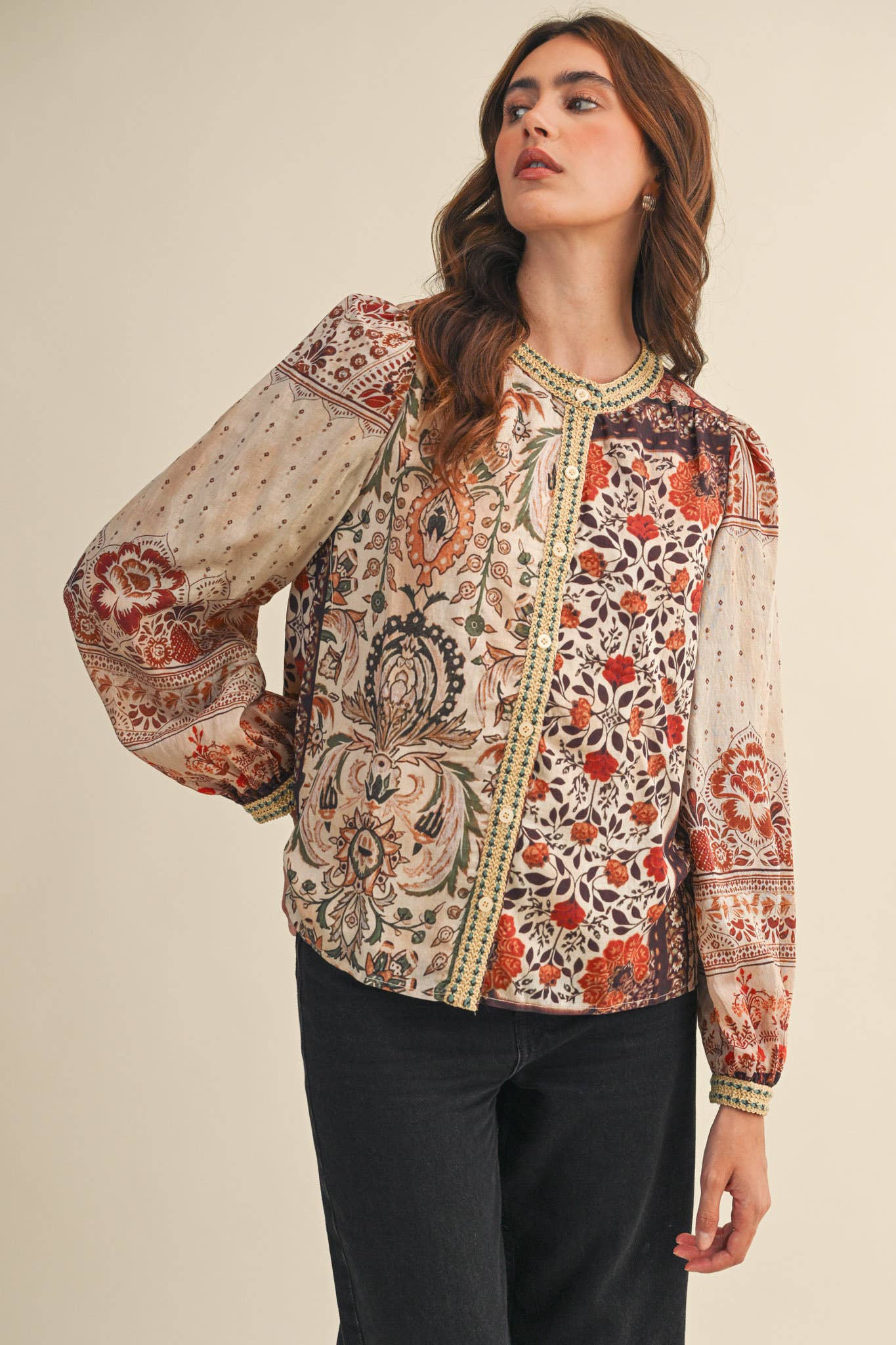 &MERCI - Wholesale Button Down Shirt - Women's - PATCHWORK PRINT CROCHET TRIM BUTTON DOWN TOP MTP43821