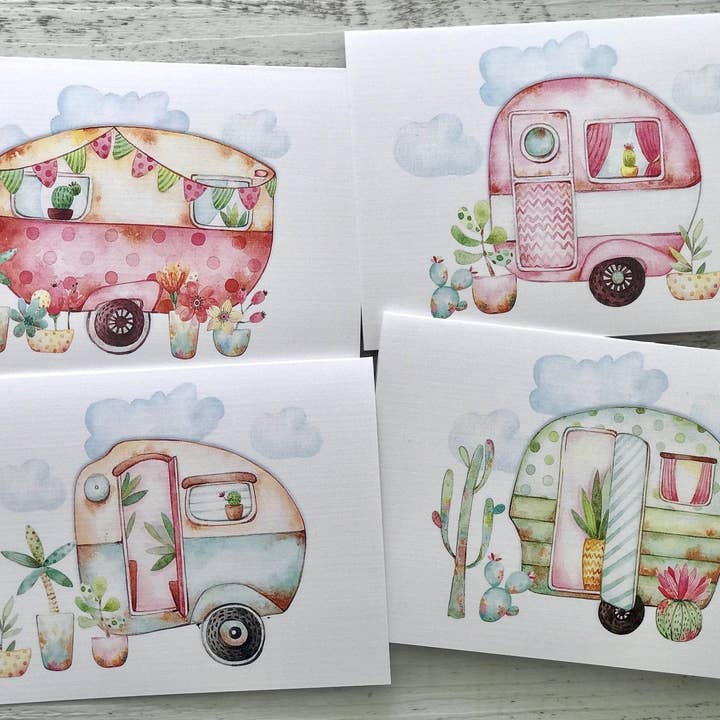 Scattered Seed Co - Wholesale Stationery/notecard set - VINTAGE CARAVANS cards set of 4 - Glamping1