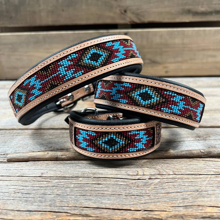 Brown and Blue Genuine Leather Beaded Dog Collar #DC438 for wholesale by Rodeo Drive