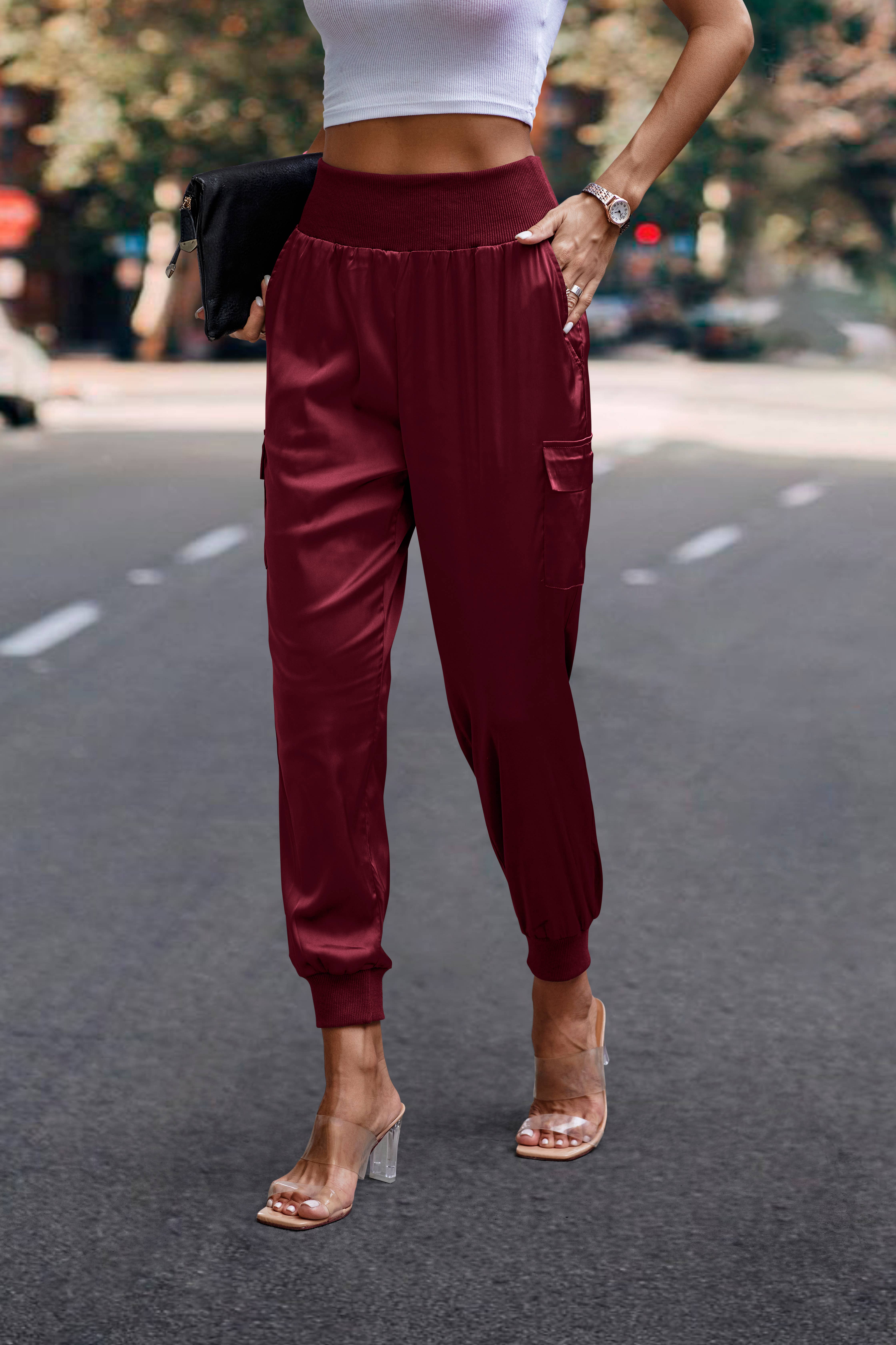 eLook - Wholesale Lounge Sweatpants/Joggers - Women's - SZ1-P0012 Satin Cargo Jogger with Ribbed Waist33