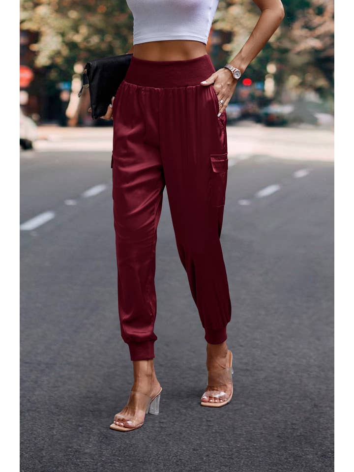 eLook - Wholesale Lounge Sweatpants/Joggers - Women's - SZ1-P0012 Satin Cargo Jogger with Ribbed Waist33