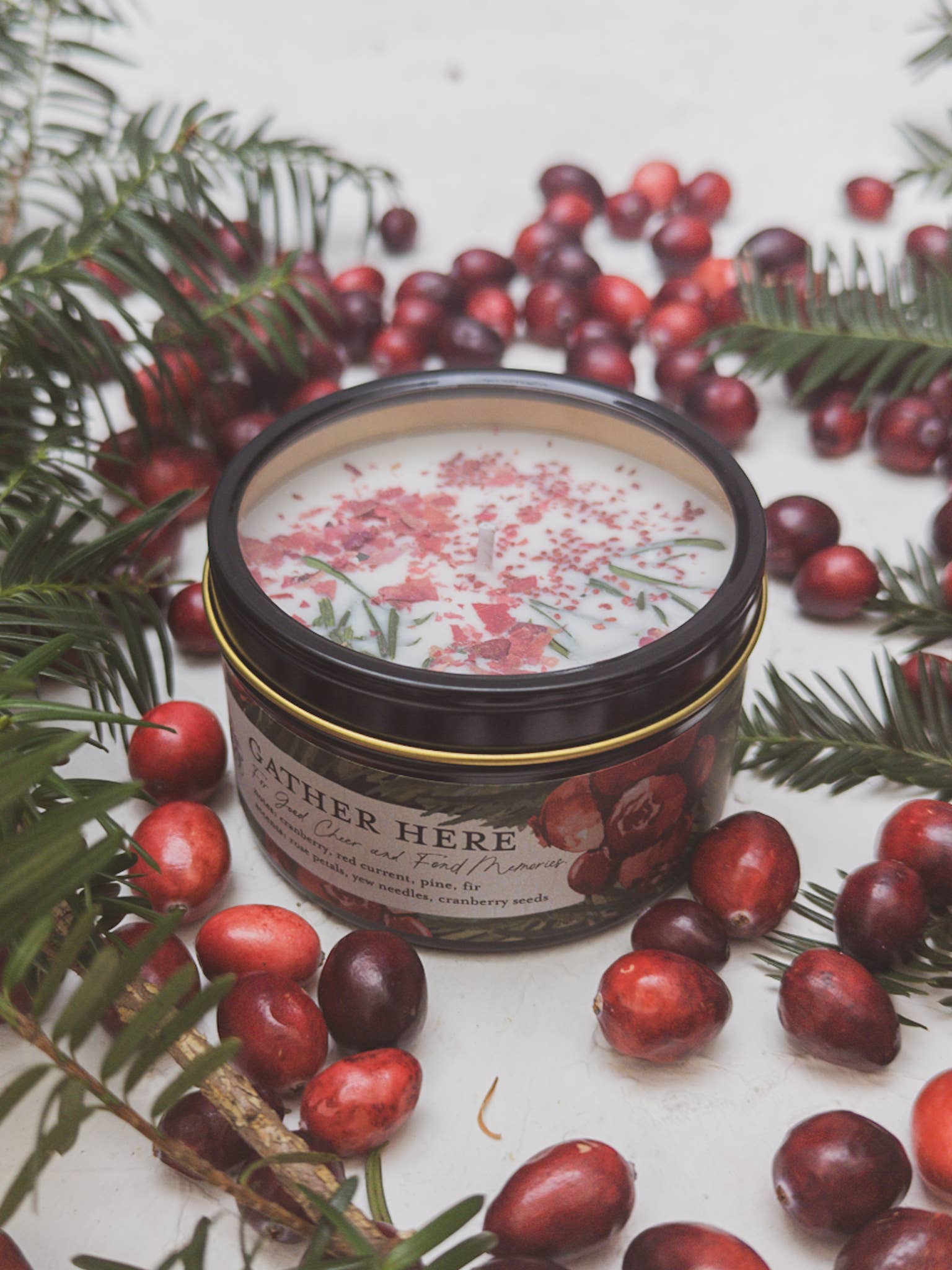 Ash & Rose - Wholesale Jar/filled candle - Gather Here Cranberry Pine Soy Tin Candle Rose Petal Yew1