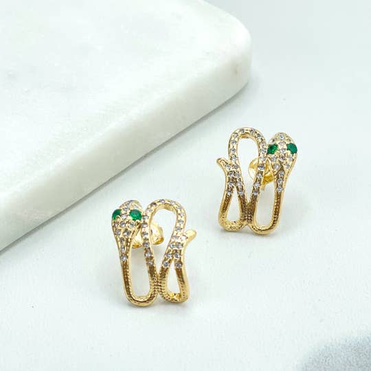 18k Gold Filled Clear and Green Micro Pave Cubic Zirconia Snake Earrings, Serpent Earrings for wholesale by Luxus Accessories