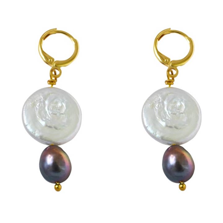 Coin freshwater pearl huggie earrings with purple pearls | b for wholesale by Ifemi Jewels